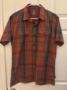 Kuhl Men's Orange and Green Plaid Short-Sleeve Button-Down Shirt